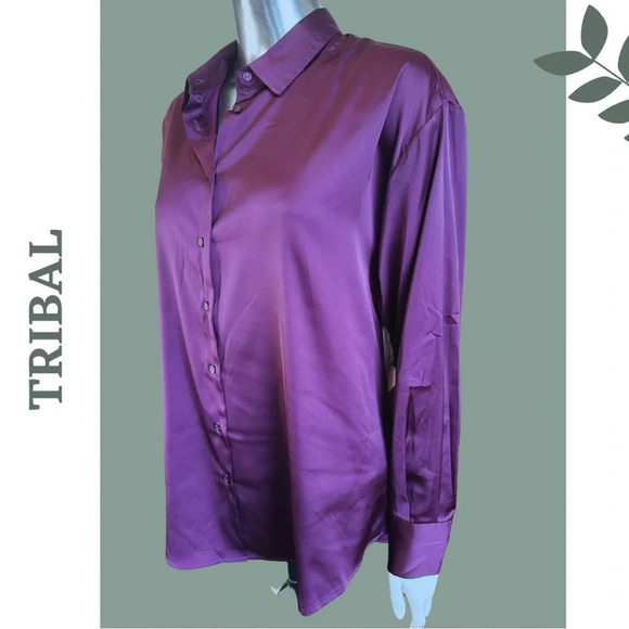 Tribal Black Orchid Long Sleeve Button Down  Satin Shirt Purple Collared - Picture 4 of 9